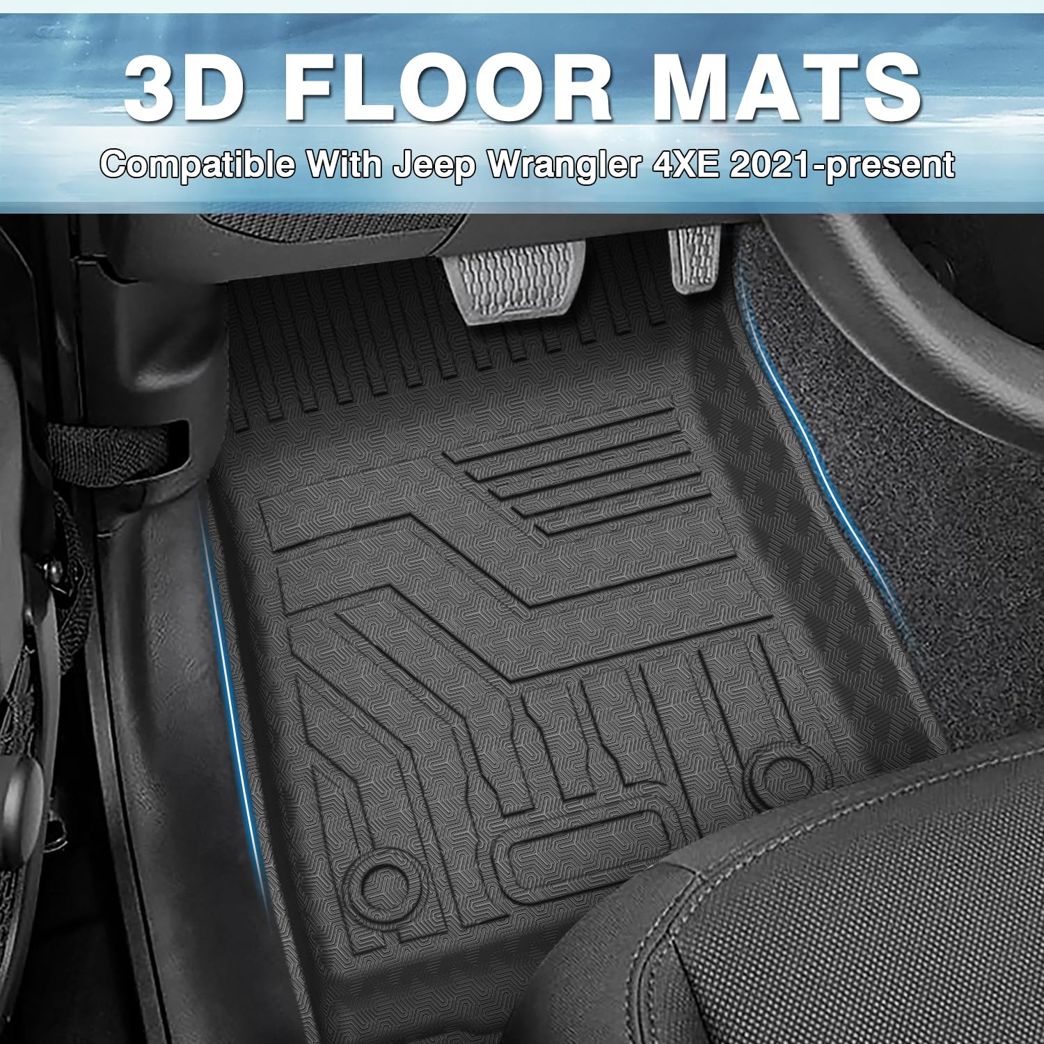 LASFIT Floor Mats for Jeep Wrangler 4XE Hybrid 2024 2023 2022 2021, All Weather Protection TPE Car Floor Liners, Front & Rear Rows, Black