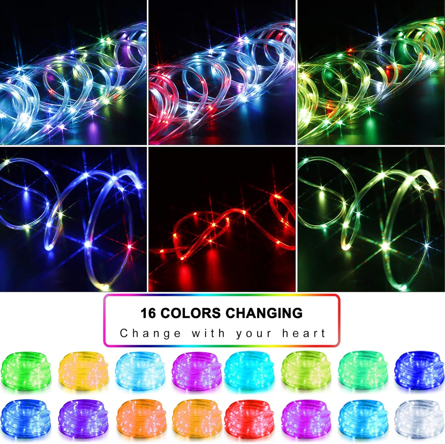 KNONEW 2 Pack 100 LED Rope Lights 33ft 16 Colors Changing Outdoor Waterproof, USB Powered Twinkle Rope Fairy String Light for Christmas Halloween Home Bedroom Trees Porch Deck Party Indoor Decorations