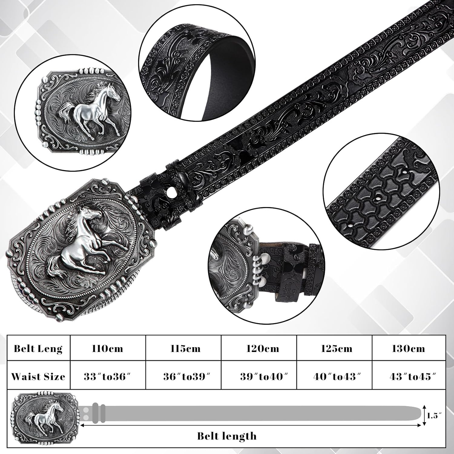 Hicarer Cowboy Leather Buckle Belts for Men Engraved Horse Belts Western Favor Gift for Men Women Cowgirl - Image 3