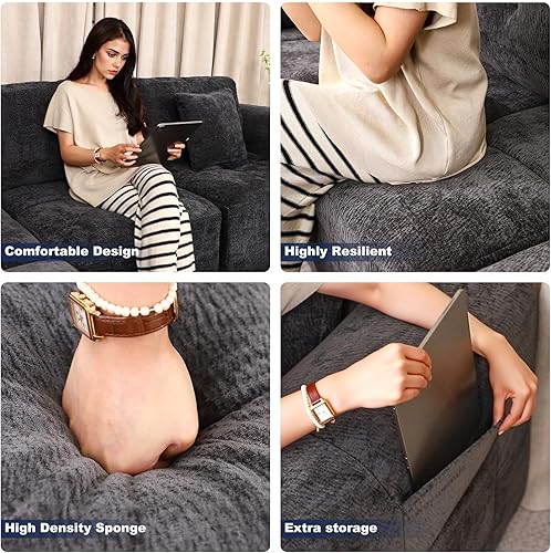 Miniatura 4 de Sofá modular de 110 pulgadas con asiento profundo, sofá nube tapizado sin hueso en forma de L con otomana convertible y brazos anchos para sala de