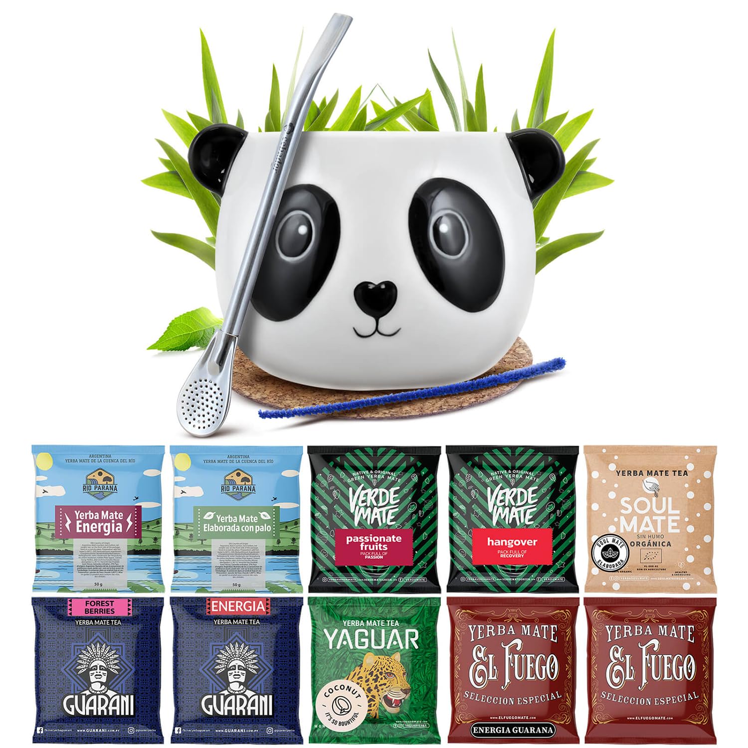 Zestaw próbek yerba mate z akcesoriami | Yerba mate Yaguar, Verde Mate, Soul Mate, Guarani, El Fuego, Rio Parana | Tykwa, bombilla i akcesoria | 10x50g | Naturalna kofeina | 500g | 0,5kg