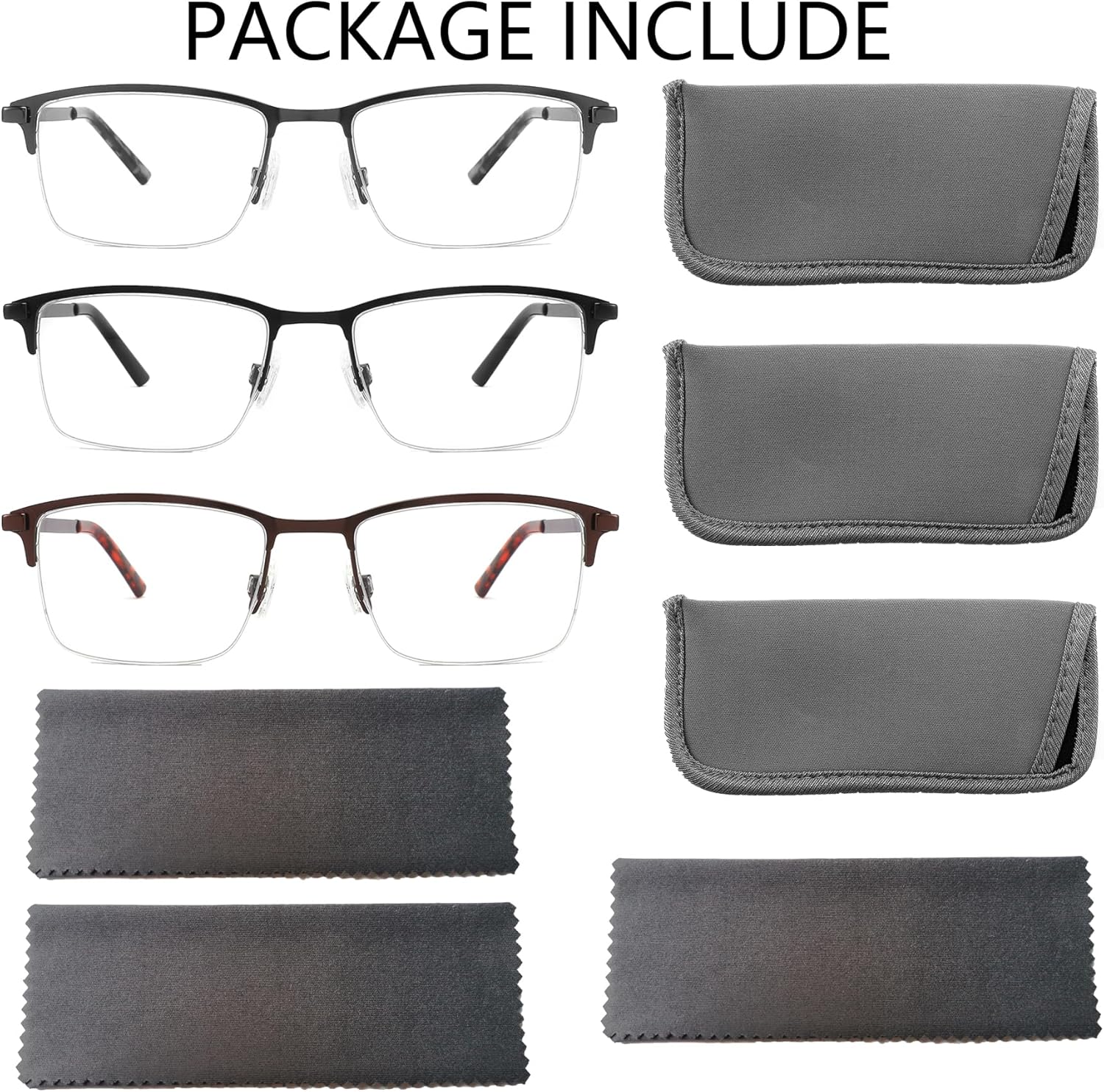CRGATV 3-Pack Reading Glasses for Men Blue Light Blocking Fashion Metal Half Wide Frame Readers Semi Rimless Eyeglasses - Image 4