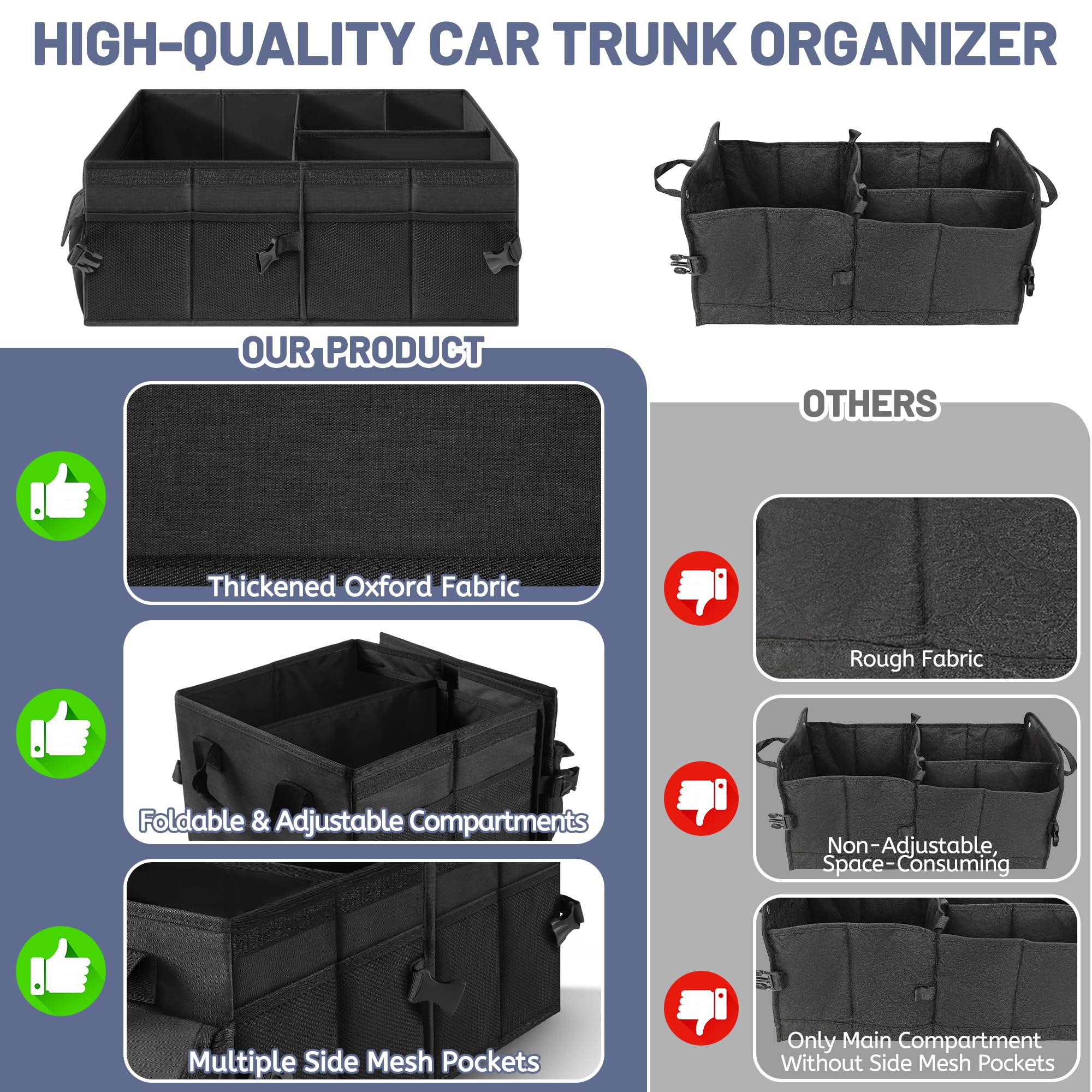 Organizer per bagagliaio di alta qualità con coperchio, stabile e antiscivolo, pieghevole, grande con doppio ripiano, organizer per bagagliaio (nero con bordo nero)