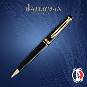 قلم حبر جاف خبير Waterman، أسود مع تقليم ذهبي، طرف متوسط، حبر أزرق، صندوق هدايا