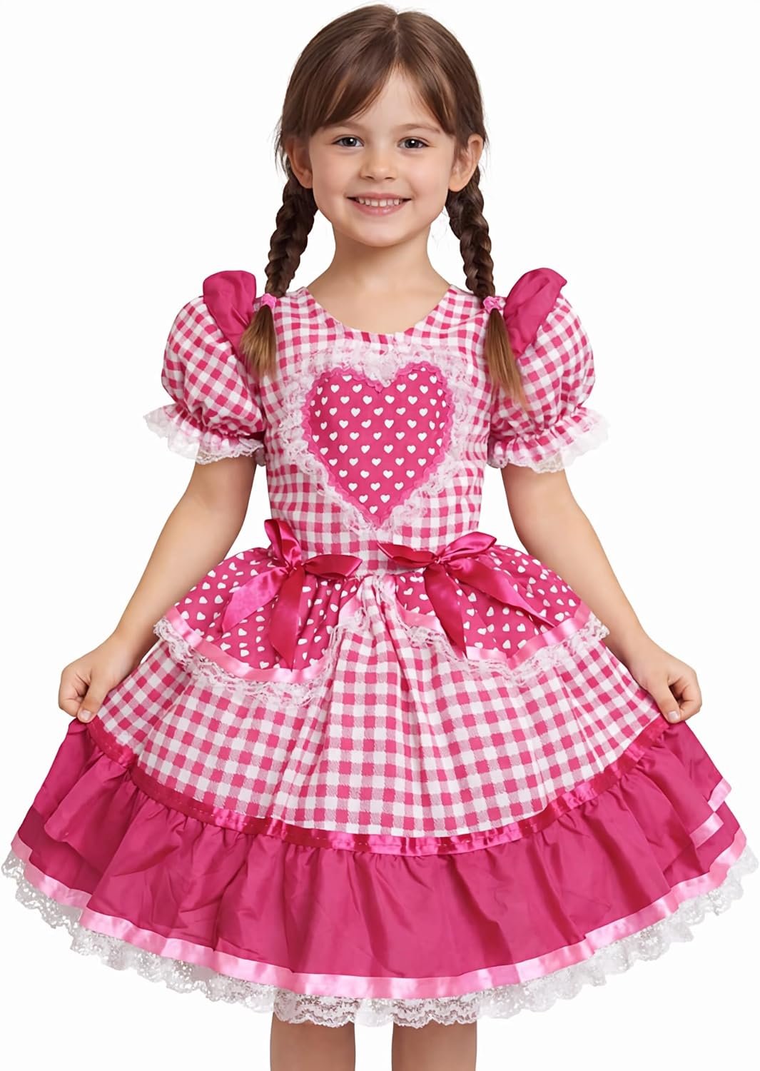 Vestido Festa Junina São João Quadrilha Caipira Infantil Rodado Babado Coração Pink