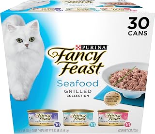 Purina Fancy Feast Grilled Seafood Wet Cat Food Variety Pack, 30 x 3oz Cans - Protein-Rich Gourmet for Picky Cats