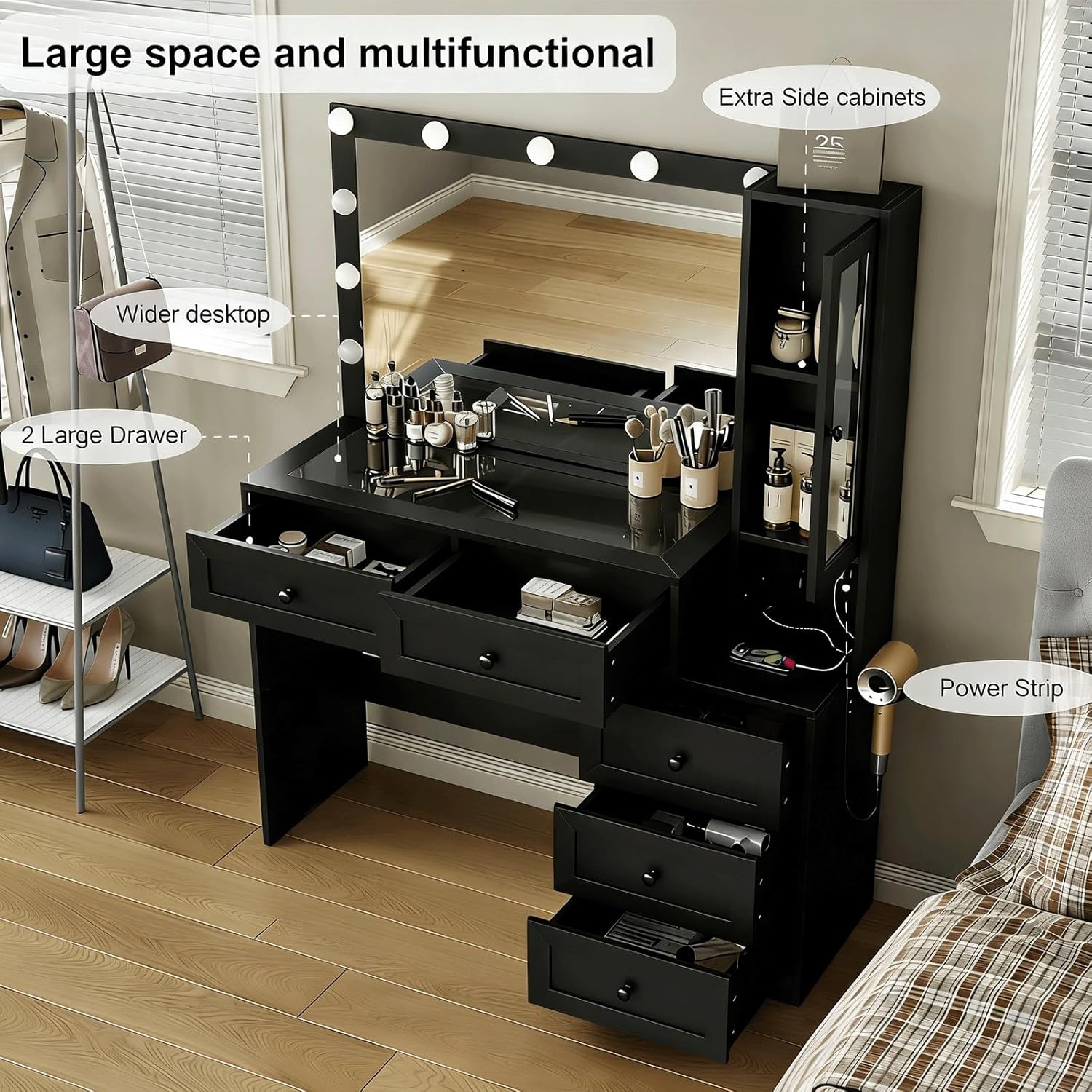 43'' Farmhouse Makeup Vanity Desk with Charging Station, Big Modern Lighted Vanity Table 3 Lighting Modes Adjustable Brightness, Dressing Table for Bedroom with 5 Drawers & Storage Shelves, Black