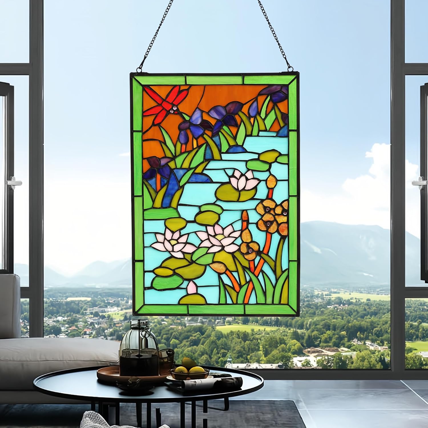 Dragonfly Stained Glass Window Hanging 16"H x 11"W Tiffany Style Pink Lotus Rectangular Window Panel Perfect for Living Room Bedroom Kitchen Window Decoration Hangings With Chain