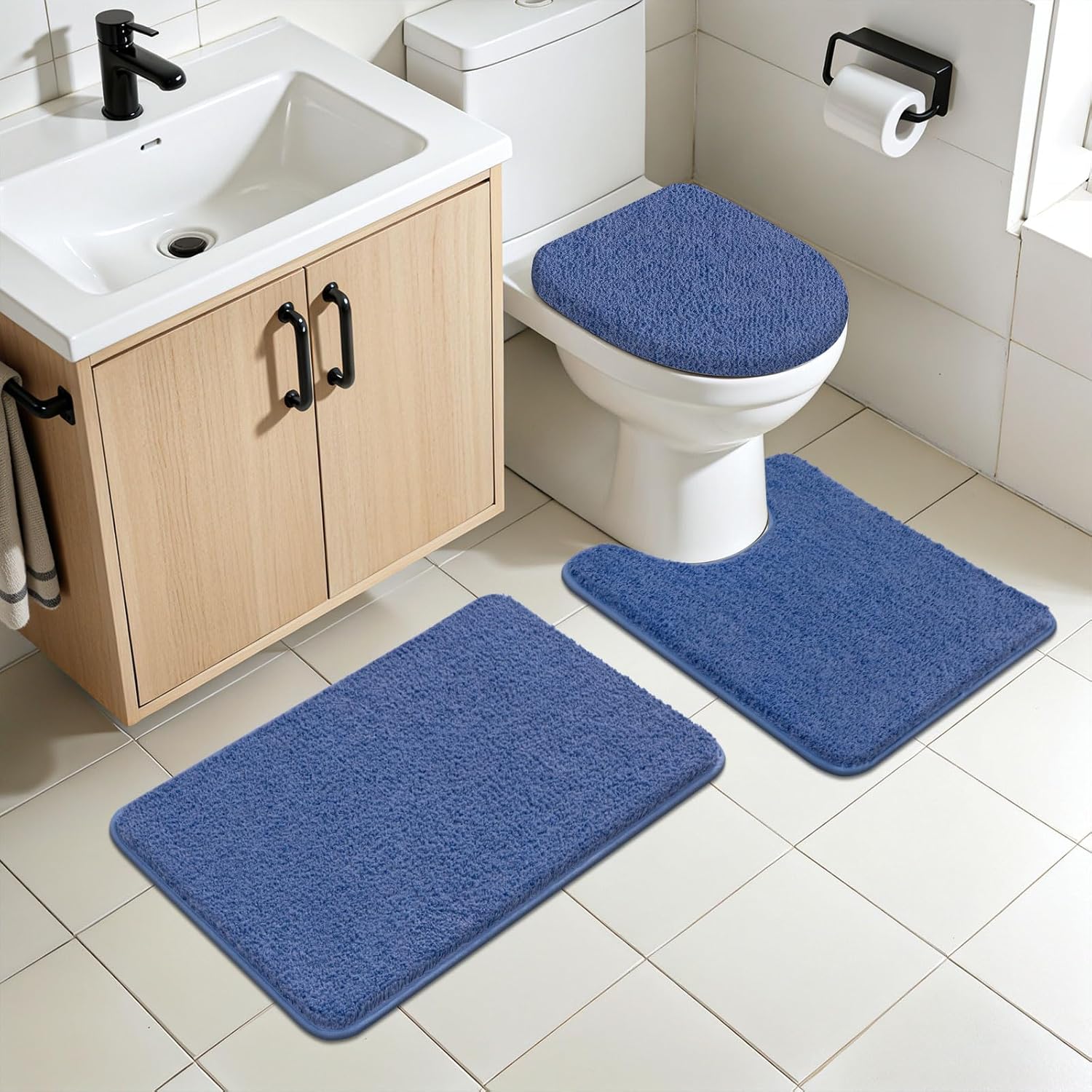 SHACOS 5 Pieces Bathroom Rugs Set with Toilet Lid Cover Ultra Soft Absorbent Microfiber Bath Mat U Shape Contour Rug for Bathroom, Non Slip Machine Washable Bath Runner Rugs for Bedroom, Kitchen, Blue