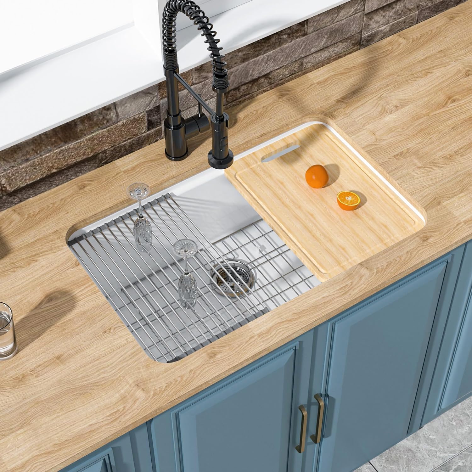 Undermount Workstation Kitchen Sink White 30 x 19 Inch, Top Mount Fireclay Workstation Sink Drop In Single Bowl, Dual Mount, Accessory 4 Types Including Cutting Board, White, for Kitchen