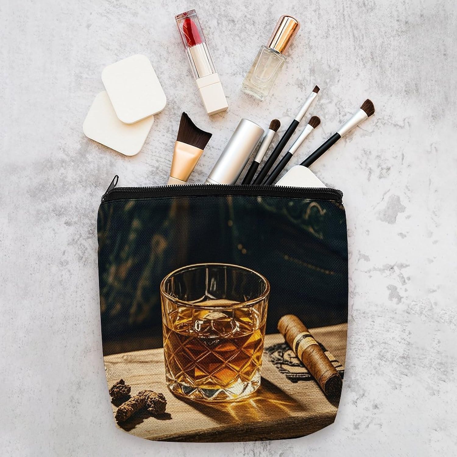 Cigar & Whiskey Linen Cosmetic Bag Portable Multi-Purpose Makeup Pouch with Zipper Durable Travel Toiletry Storage Organizer Daily Carry Pouch for Cosmetics And Small Items image 4