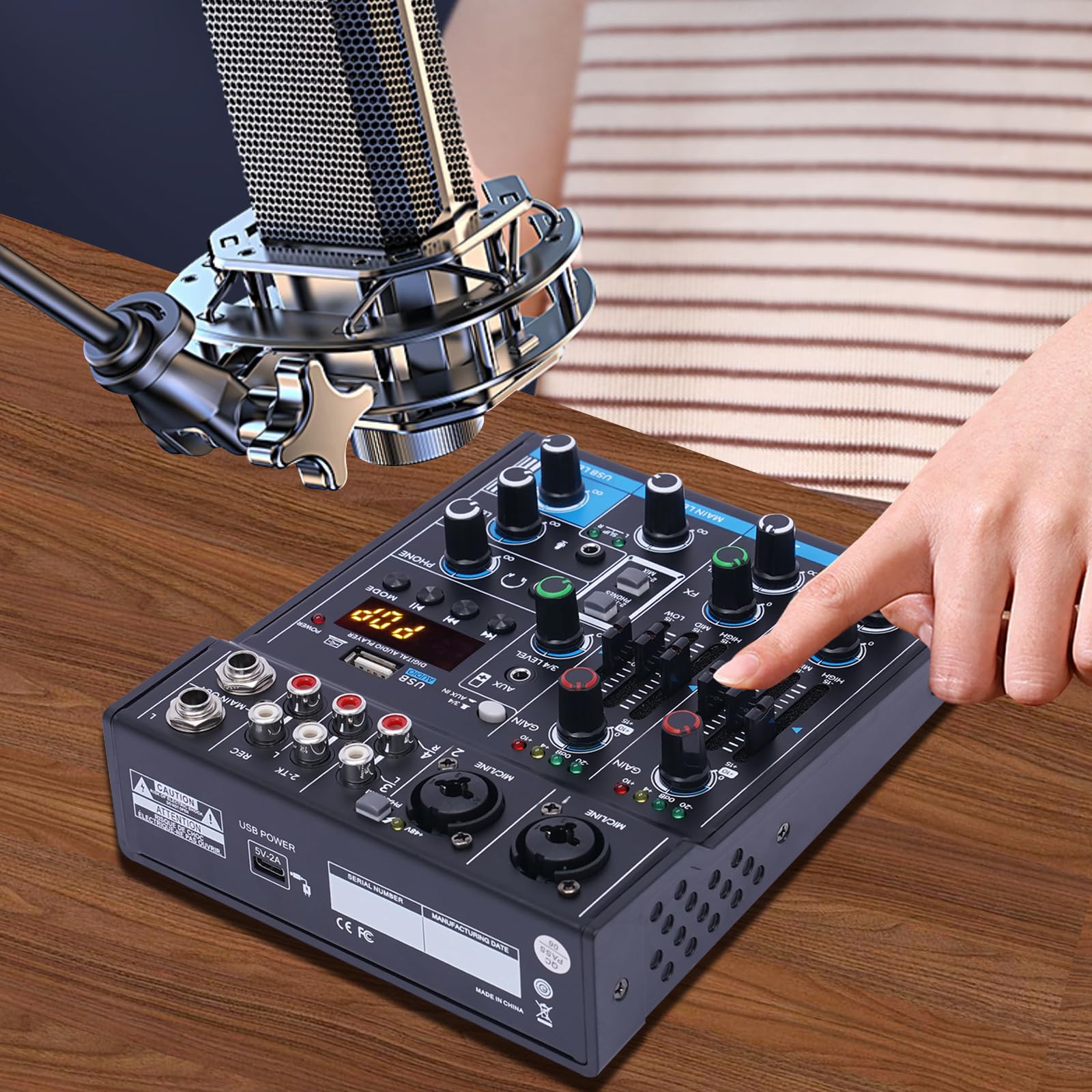 Mezclador de audio estéreo de 4 canales, canal digital, USB, Bluetooth, MP3, entrada de ordenador, 48 V, DJ Studio Streaming para podcaster, videocaster, streamer y creador de contenidos