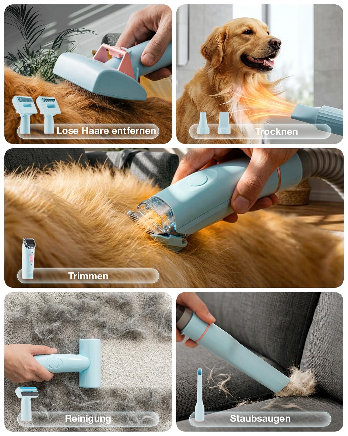PETGUGU Hundeschermaschine mit Staubsauger, 7-in-1 Tierpflegeset für Hunde und Katzen, leiser Hundestaubsauger mit 11000 Pa, 2,5L Behälter und 3 Saugstufen, Tierhaarschneidemaschine M1 Pro, Blau