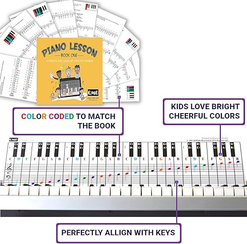 Miniatura 3 de QMG Cuadro de notas de piano y teclado y notas completas a color, lección de música de piano y libro guía para niños y principiantes