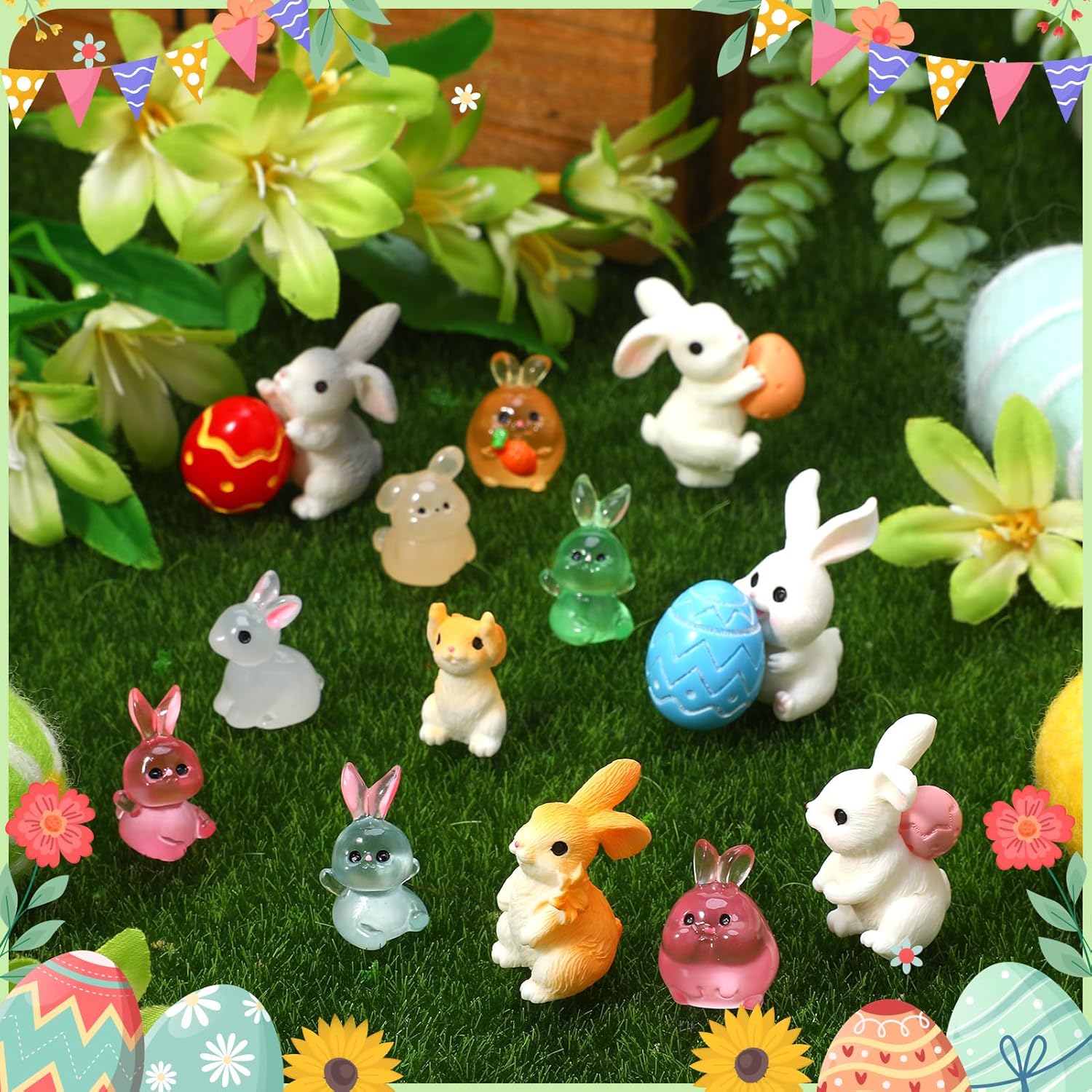 50 Pcs Easter Mini Resin Figures Easter Bunny Egg Carrot Glow in The Dark Mini Figurines Farm Resin Animals Miniature Figurines for Egg Fillers Party Favors Garden Dollhouse Landscape