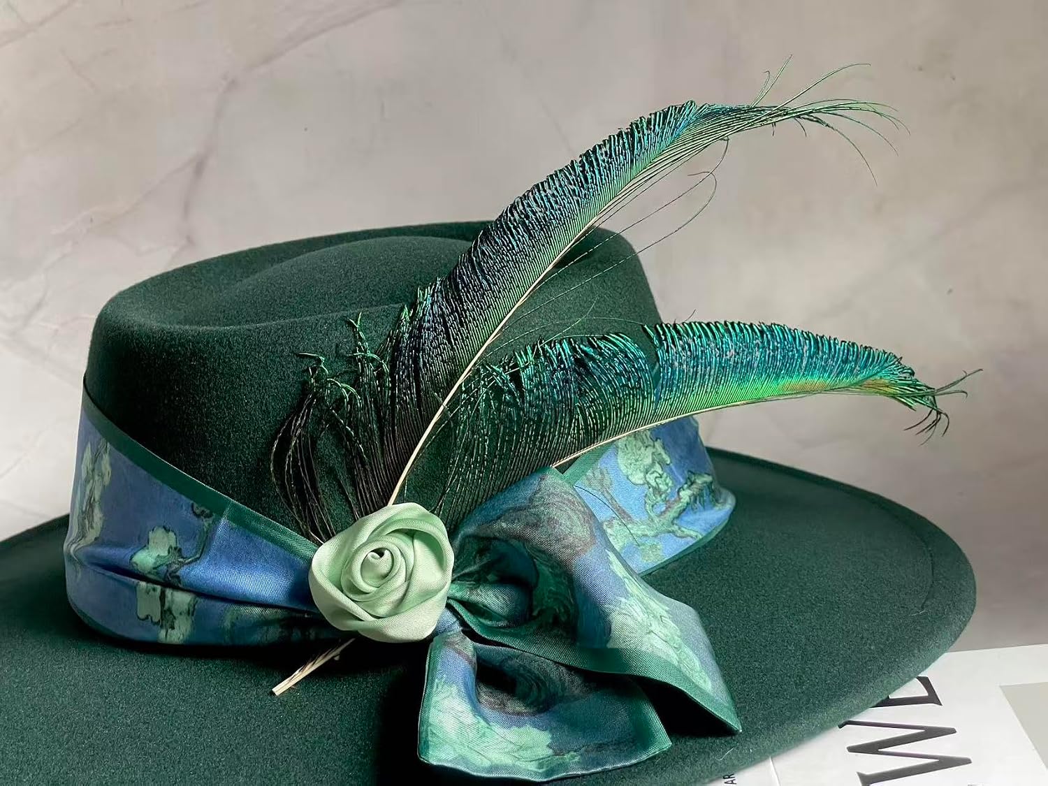 Green Wide Brim Women Fedora Hat - Peacock Westerm Hats for Wedding Party 2025