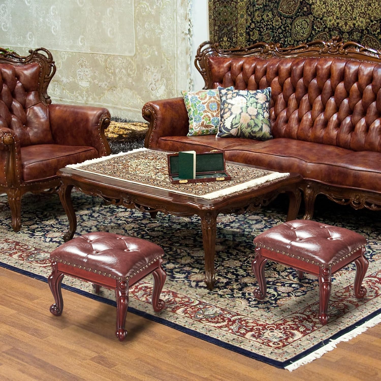 Ottoman Foot Rest, Small Leather Footstool, Vintage Living Room Ottoman, Solid Wooden Shoe Stool, Dark Brown