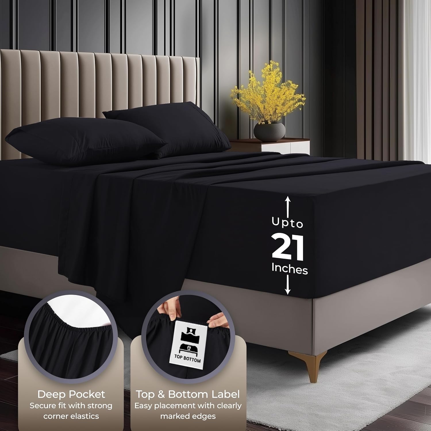 Utopia Bedding Queen Size Extra Deep Pocket Sheet Set – Fits Mattresses Up to 21 inches – Cooling, Soft & Breathable – Oeko-Tex 4 Piece Bed Sheets (Black)