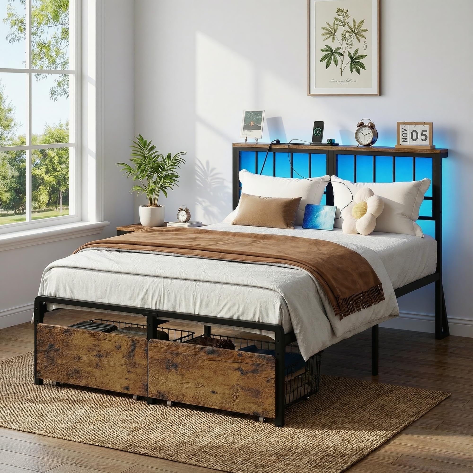 IRONCK Letto 120 x 200 cm con Illuminazione a LED, Struttura Letto 120x200 cm con 2 Cassetti, Letto Singolo con 2 Prese AC 1 Porta USB 1 Porta Type-C, con Rete a Doghe in Meta