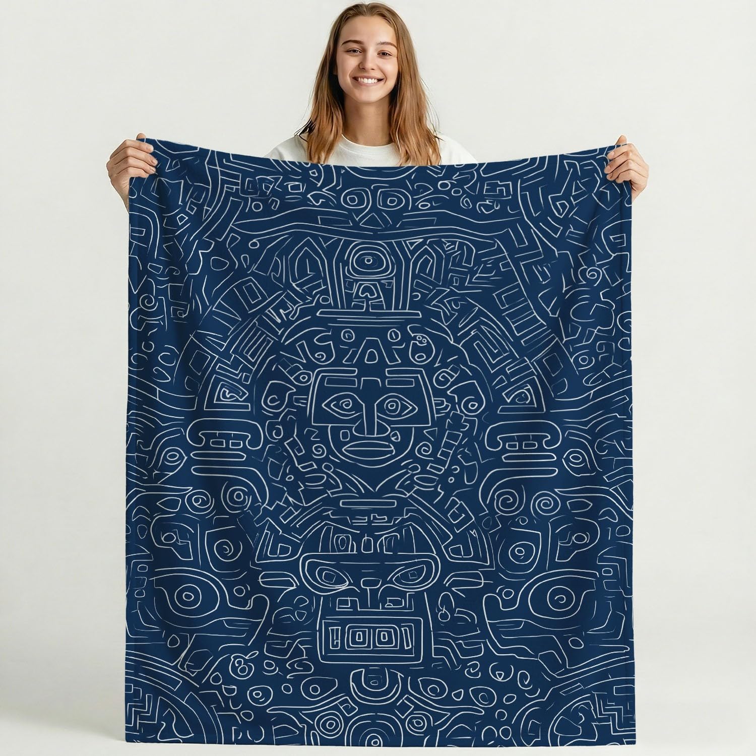 Générique Niebiesko-biały koc flanelowy z tradycyjnym wzorem kultury, symbol symetrii, przytulny koc 180 cm x 200 cm, na łóżko, sofę, wystrój pokoju dziecięcego