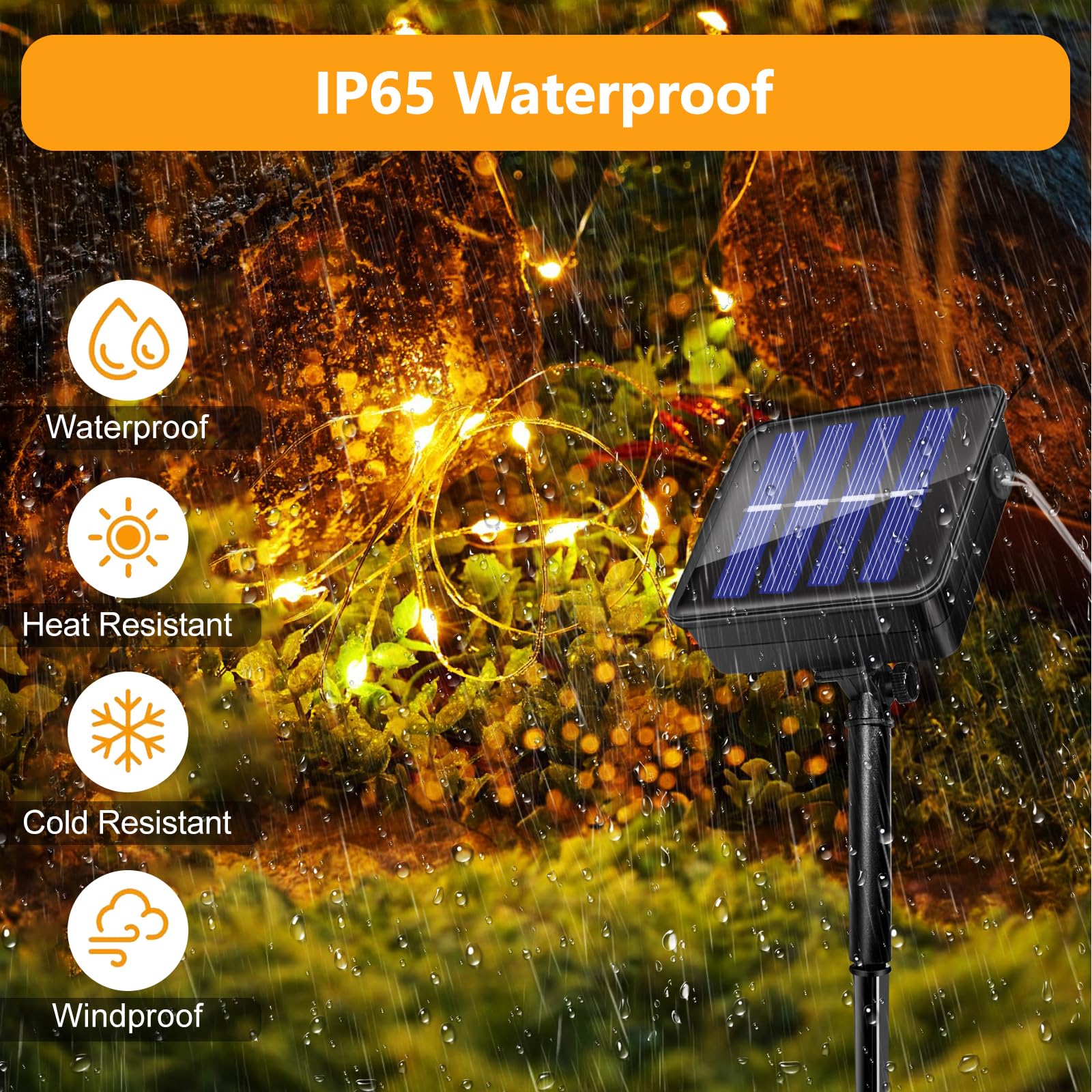 2 sztuki zewnętrznych świateł słonecznych, 12 m + 2 m 120 diod LED, zewnętrzny solarny łańcuch świetlny, 8 trybów, wodoodporny drut miedziany IP65, dekoracja do ogrodu, podwórka, patio, drzewa, Bożego