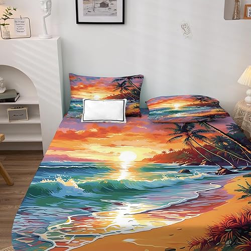 Miniatura 2 de Sunset Sheets - Juego de sábanas de 4 piezas con estampado de playa y mar oceánico, tamaño California King, sábana bajera ajustable de microfibra