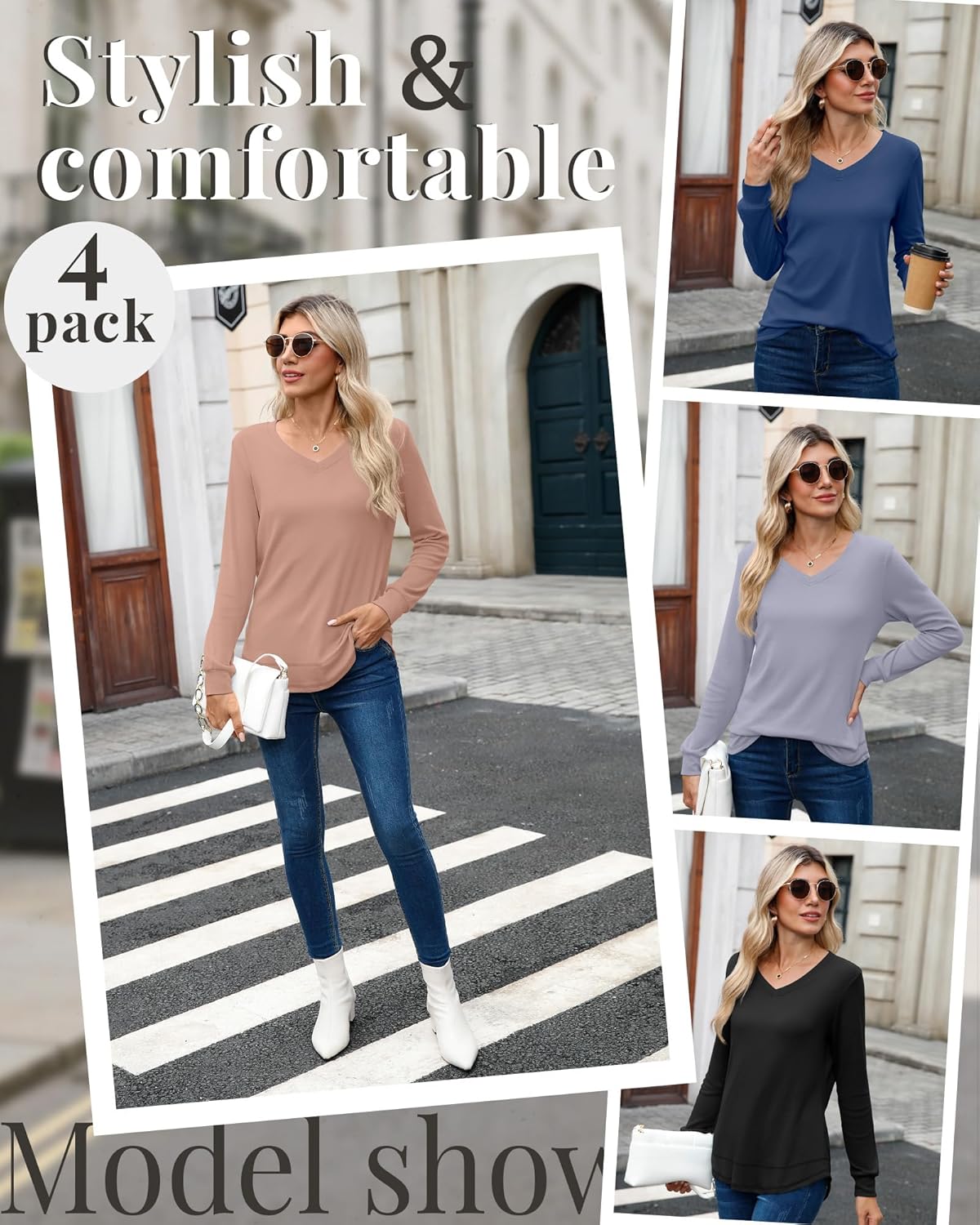 4 Pack Womens Long Sleeve T Shirts Cotton V Neck Loose Fit Causal Fall Tops Curved Hem Trendy Clothes - Image 2