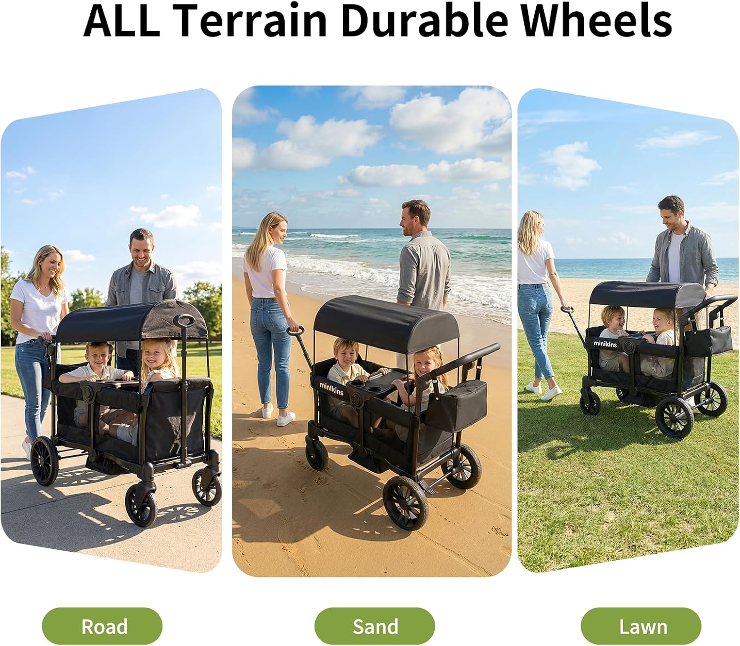 Wagon for Kids, 2-Seater Stroller Wagon with Removable Canopy, All Terrain Tires, Foldable, Adjustable Push & Pull Handle, Storage Bag, Black
