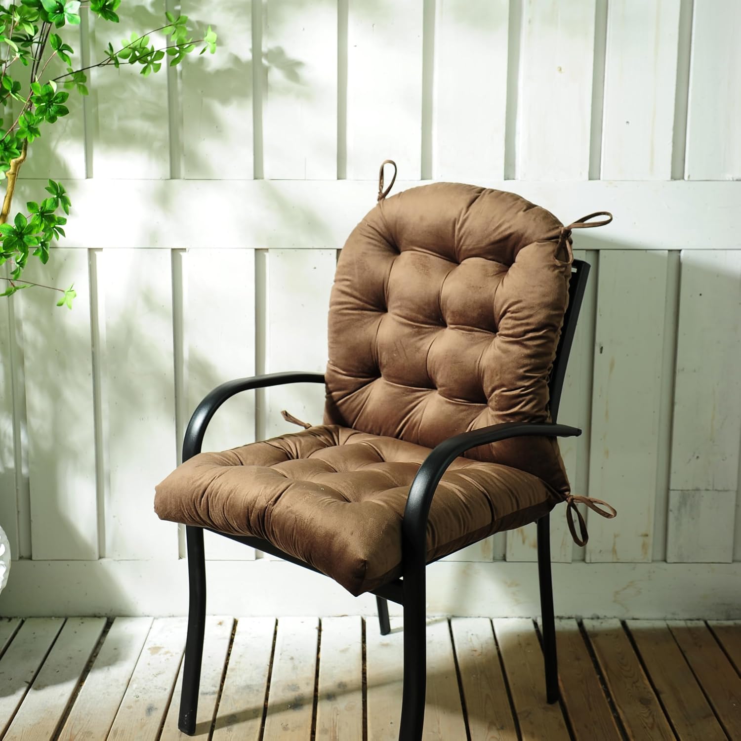 Set of 2 High Back Tufted Outdoor Chair Cushion, 44 x 21 Inch, Water Repellent, Outdoor Dining Chair Cushions with Ties, Patio Seating Cushions for Garden Patio Furniture (Coffee Brown)
