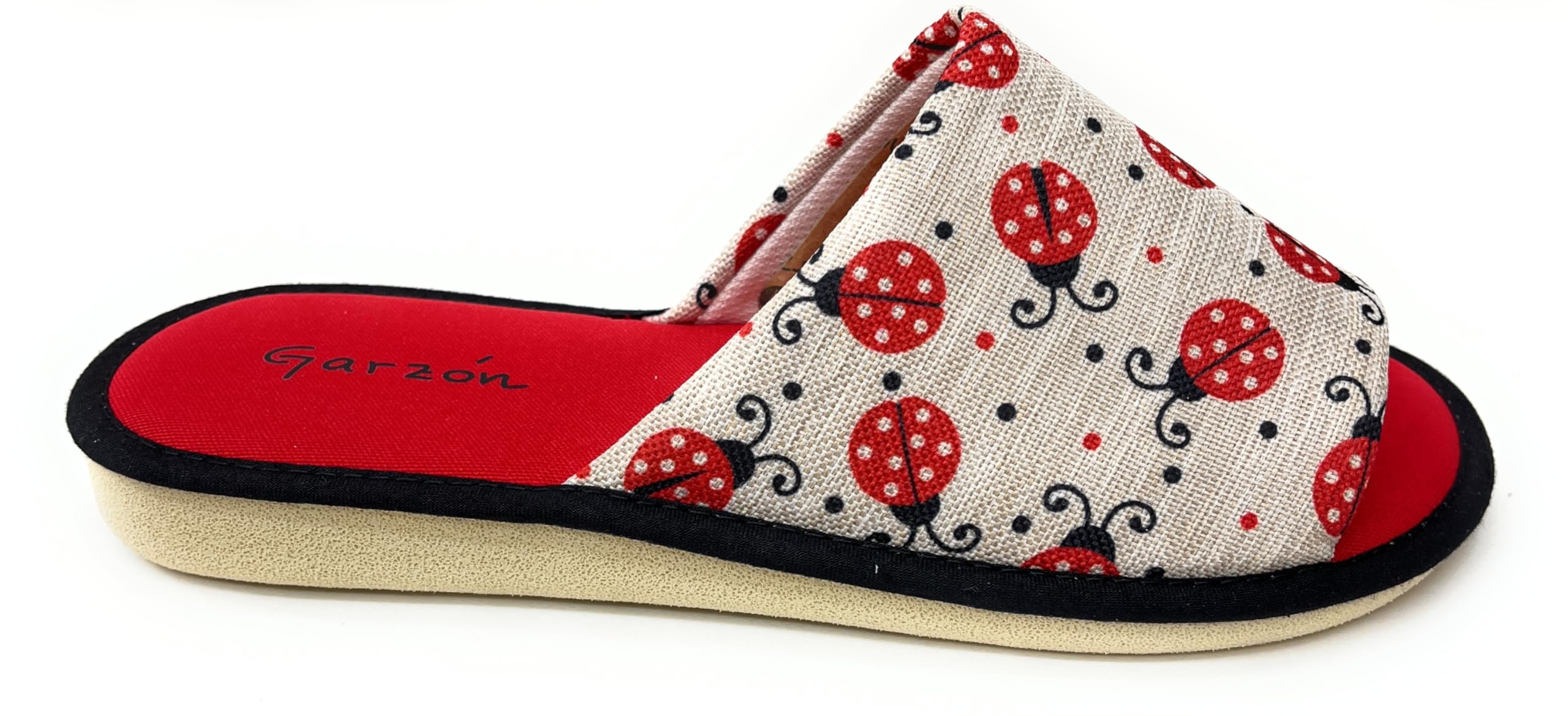 GARZON Garzón.Pantuflas Abiertas para Mujer, Diseño de Mariquitas Rojas,Zapatillas de Casa.Verano.Suela Especial Parquet.