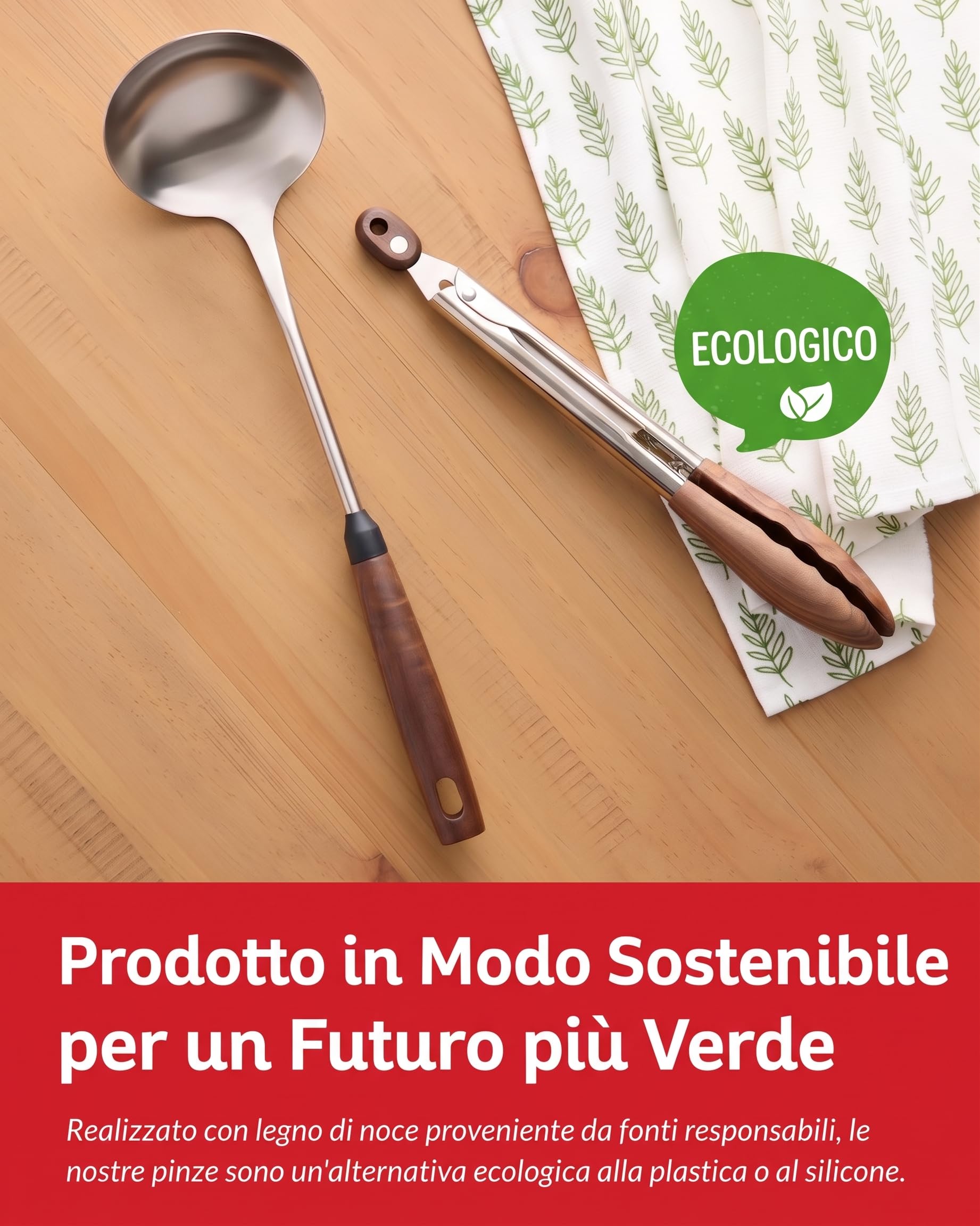Pinze da cucina con punte in legno di noce 30cm - Pinze cucina legno antigraffio per pentole antiaderenti, barbecue e insalata - Acciaio inossidabile resistente al calore, atossiche senza BPA