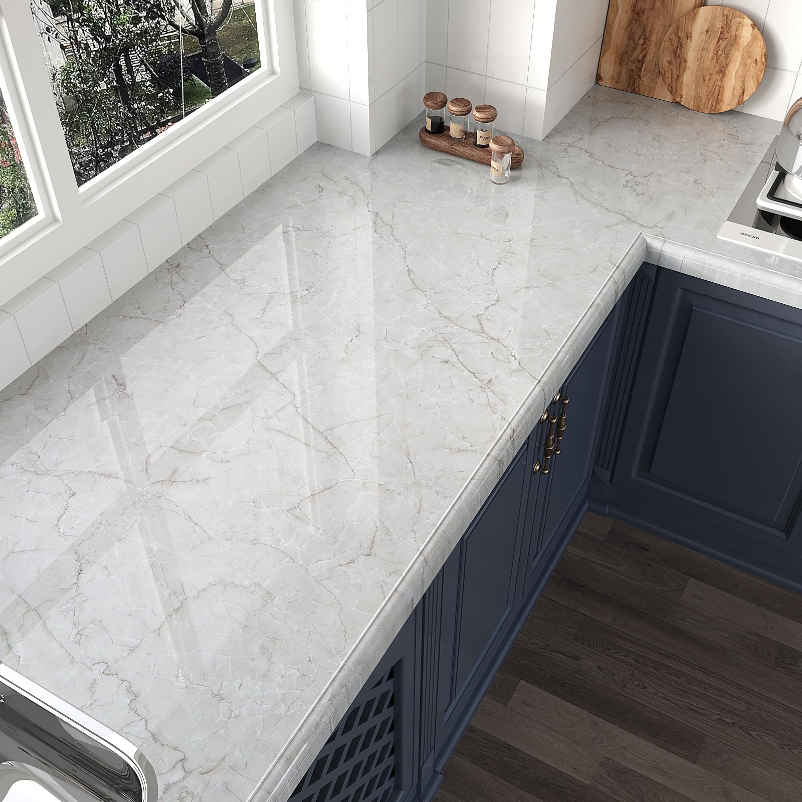VEELIKE Papel Pintado Marmol Gris Blanco Brillante 81 cm×300 cm Vinilo Marmol Gris Claro Papel Pintado Autoadhesivo Pared Baño Vinilo para Encimera de Cocina Revestimiento Pared Salon Extraíble