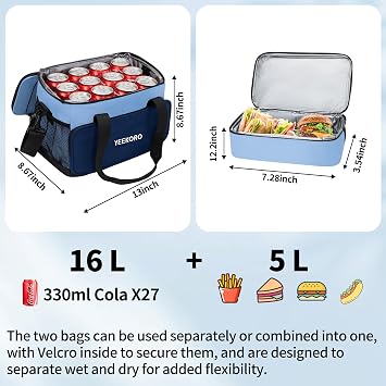 Cooler Bag, 16L+5L Insulated Lunch Box, Double Cooler Bag with Adjustable Shoulder Strap for Men & Women, Leakproof Lunch Cooler Ideal for Work Picnic Travel Shifts Daytrip (Blue)