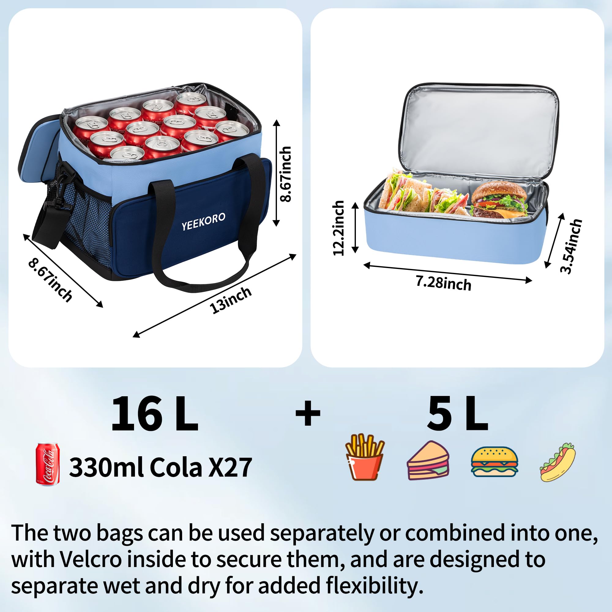 Borsa termica per il pranzo, doppia borsa termica con tracolla regolabile, per uomini e donne, a prova di perdite, ideale per lavoro, picnic, viaggi, turni di un giorno (blu)