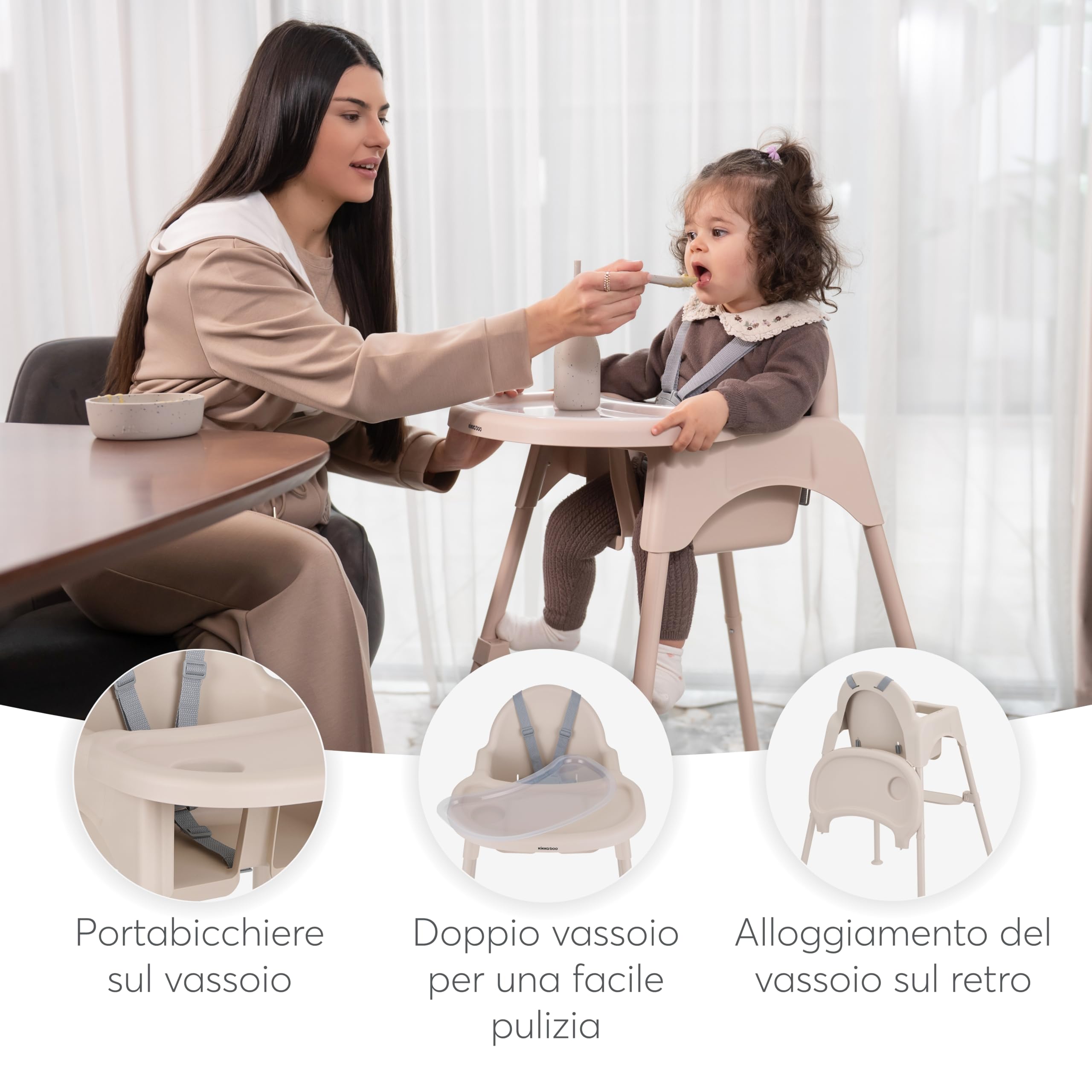Seggiolone Pappa OATY 2 in 1, Seggiolone Evolutivo 6 Mesi-3 Anni | Gambe Antiscivolo, Doppio Vassoio e Portabicchiere, Cintura a 5 Punti, Senza Attrezzi, Beige