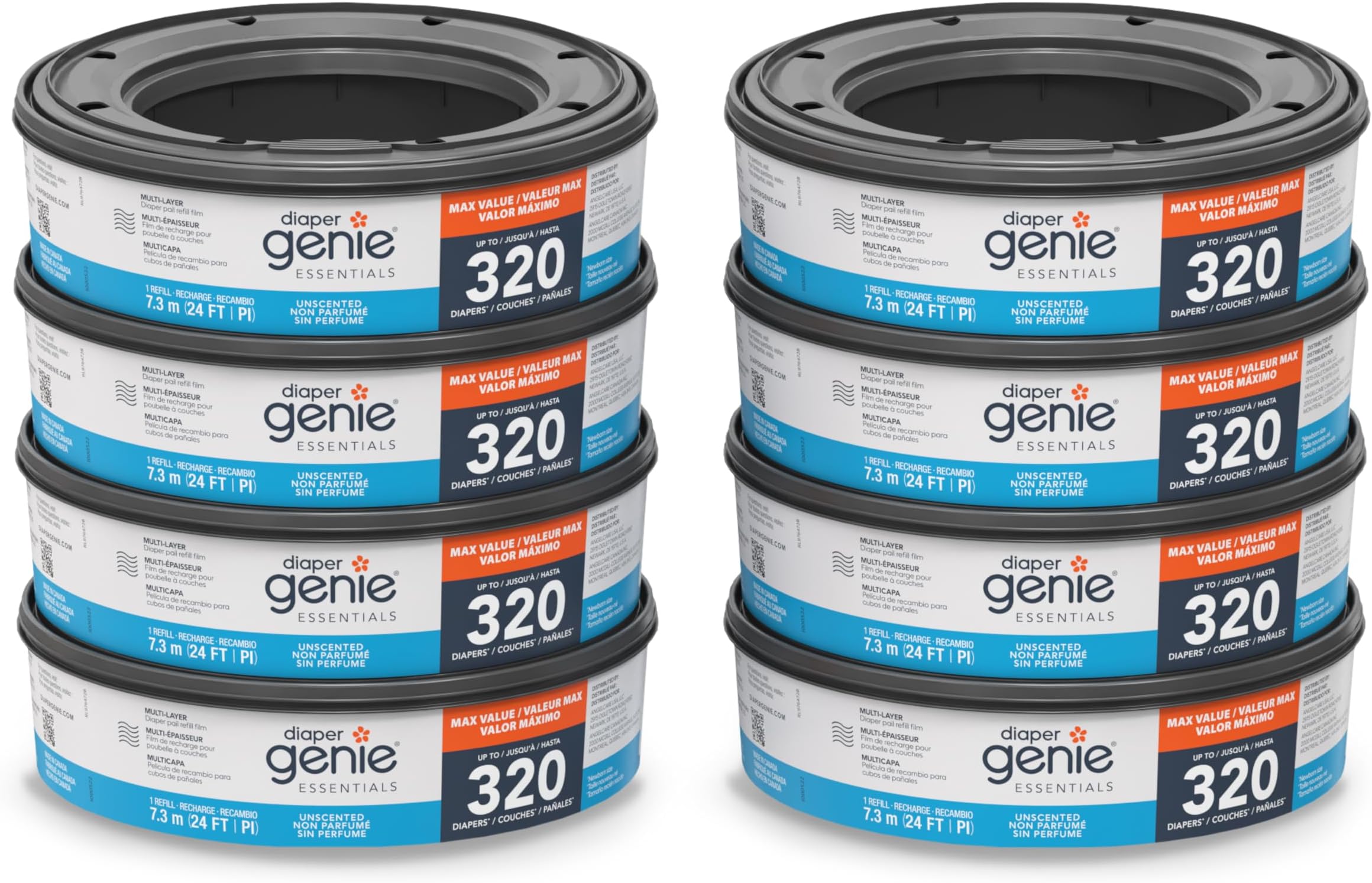 Diaper Genie Essentials Round Refill 8-Pack | Holds Up to 2560 Newborn Diapers | Features Unscented Continuous Film | Compatible with Diaper Genie Complete and Expressions Pails,8 Count (Pack of 1)
