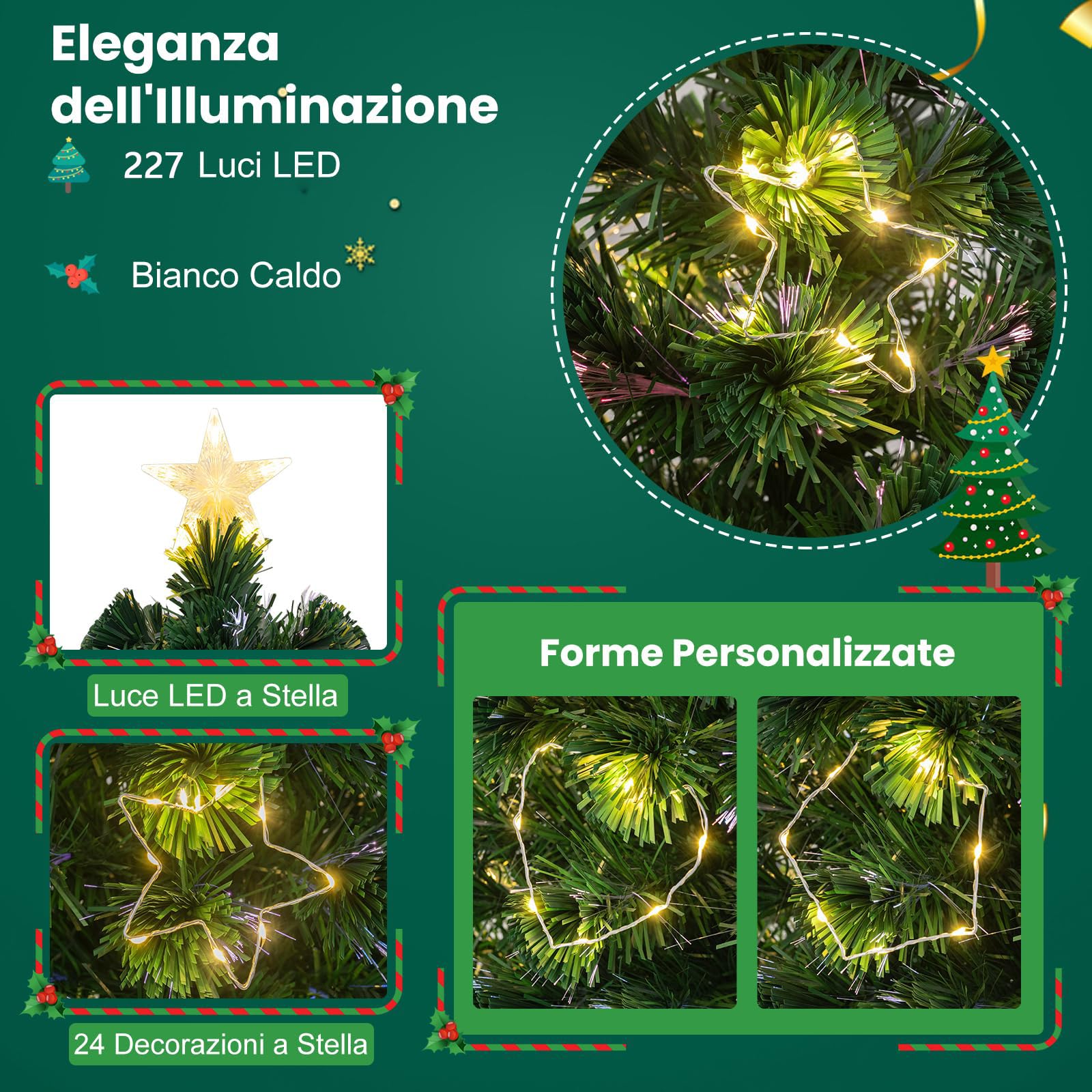 RELAX4LIFE Árbol de Navidad con 130 Ramas, 197 Luces LED Blancas Cálidas, 18 Decoraciones Estrelladas y Fibras Ópticas, Arbol de Navidad con Luces Incorporadas, Arvore de Natal (120 cm)