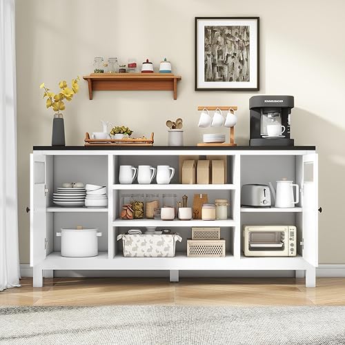 Miniatura 3 de Gabinete de buffet acanalado en blanco y negro gabinete de aparador de madera de 63 "para sala de estar, mesa de acento moderna con almacenamiento,
