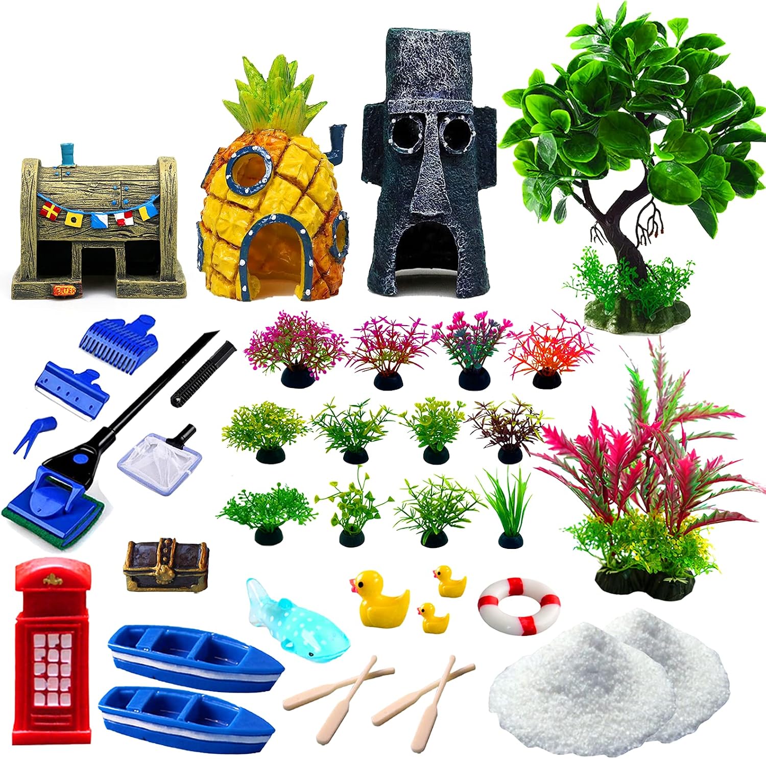 Calofun Aquarium Fish Decorations Large Hideout House, Artificial Plants and Sand with Cleaning Tool Kit for Fish Tank Sets -36 PCS
