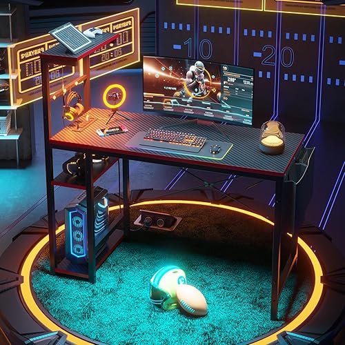 Miniatura 4 de Bestier Escritorio para juegos con tomas de corriente, escritorio LED de 44 pulgadas con estantes reversibles de 4 niveles, mesa de juegos de PC con