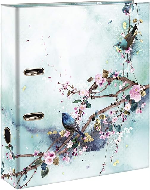 Clairefontaine 115464C - A Cardboard Lever Arch File with Floral/Bird motifs - Spine 70mm - A4 maxi - Glossy finish - Sakura dream collection - 1 dark visual, 1 light visual, random delivery