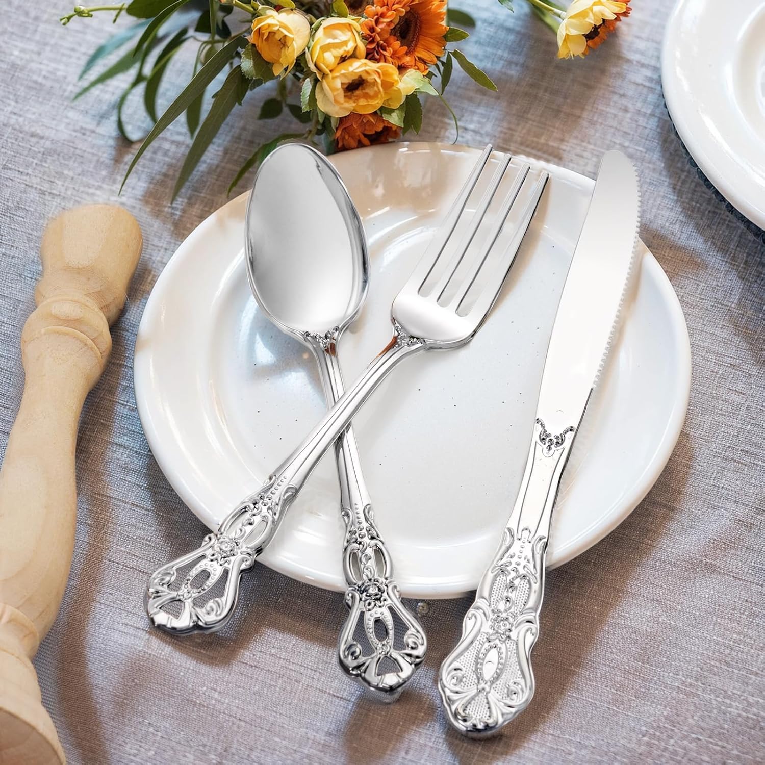100PCS White Paper Napkins with Built-in Flatware Pocket & 90PCS Silver Plastic Silverware - Heavy Duty Silver Disposable Cutlery