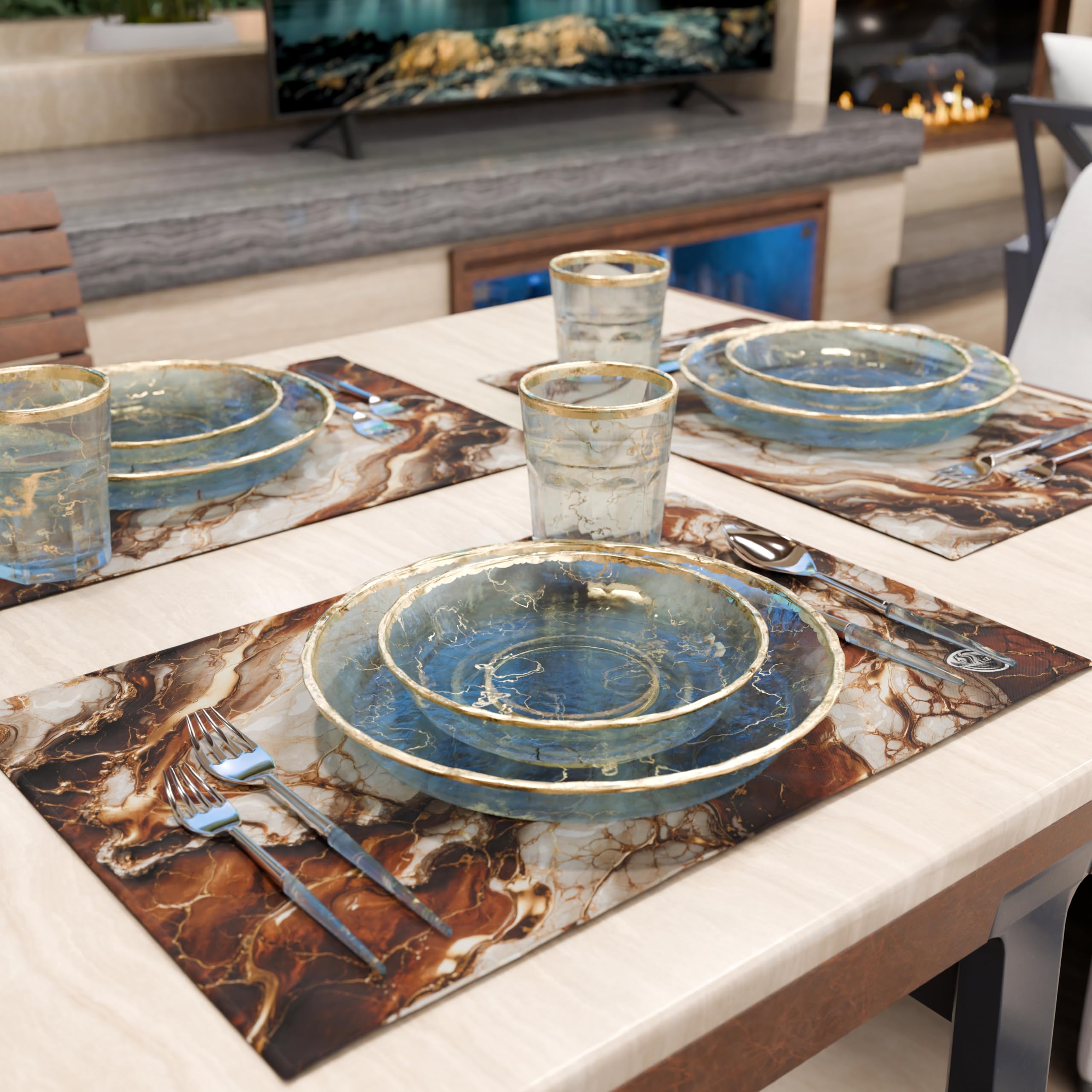 MARBLELIZED, Washable American Placemats, Brown Marble Effect Fabric Placemats, Set of 2 (30 x 45 cm), Elegant - Image 2