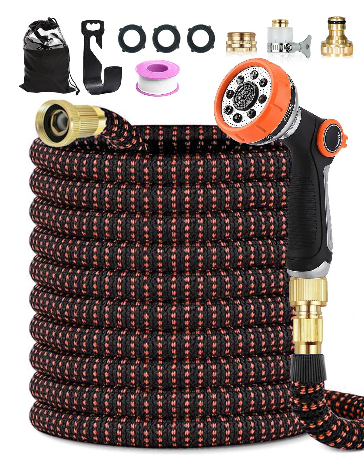 150FT Flexible Garden Hose, Expandable Hose Pipe with Leak-Proof 4-Layer Latex Core, Durable 3750D Fabric Cover, 10 Spray Functions, Universal 1/2" & 3/4" Connectors for Garden and Car Cleaning Orange