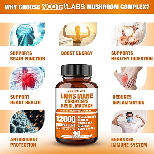 Miniatura 3 de Complejo de hongos 12000 mg Cápsulas - Melena de león, Cordyceps, Reshi, Maitake - Cerebro nootrópico, aumenta la memoria, la energía, la función