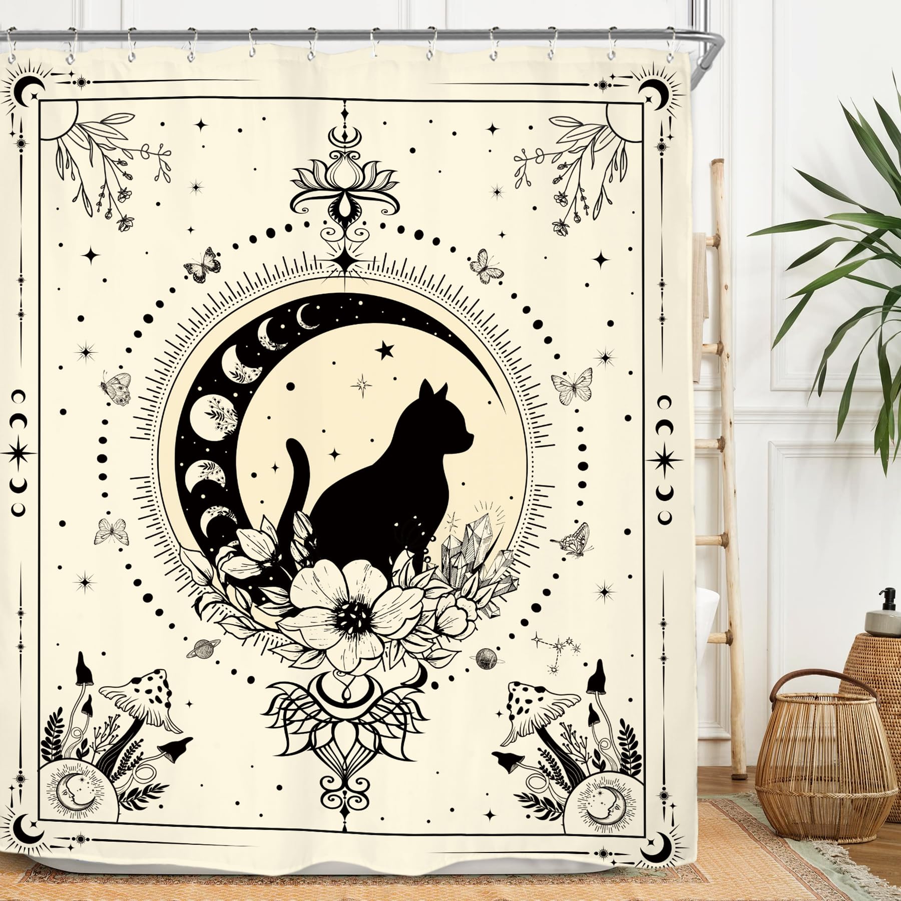 Miyotaa Celestial Moon Phase Cat Shower Curtain Set 60Wx71H Inches Witchy Tarot Beige Astrology Mysterious Beige Gothic Waterproof Bathroom Curtain
