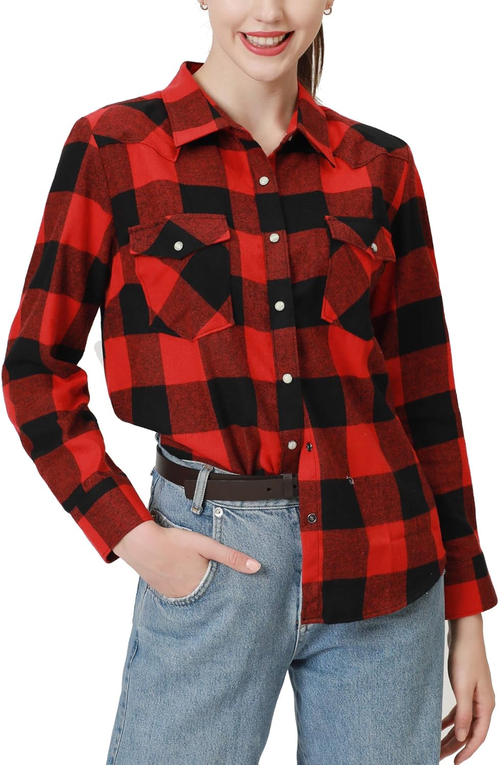 Snap Buttons Flannel Shirts for Women Long Sleeve Shirts