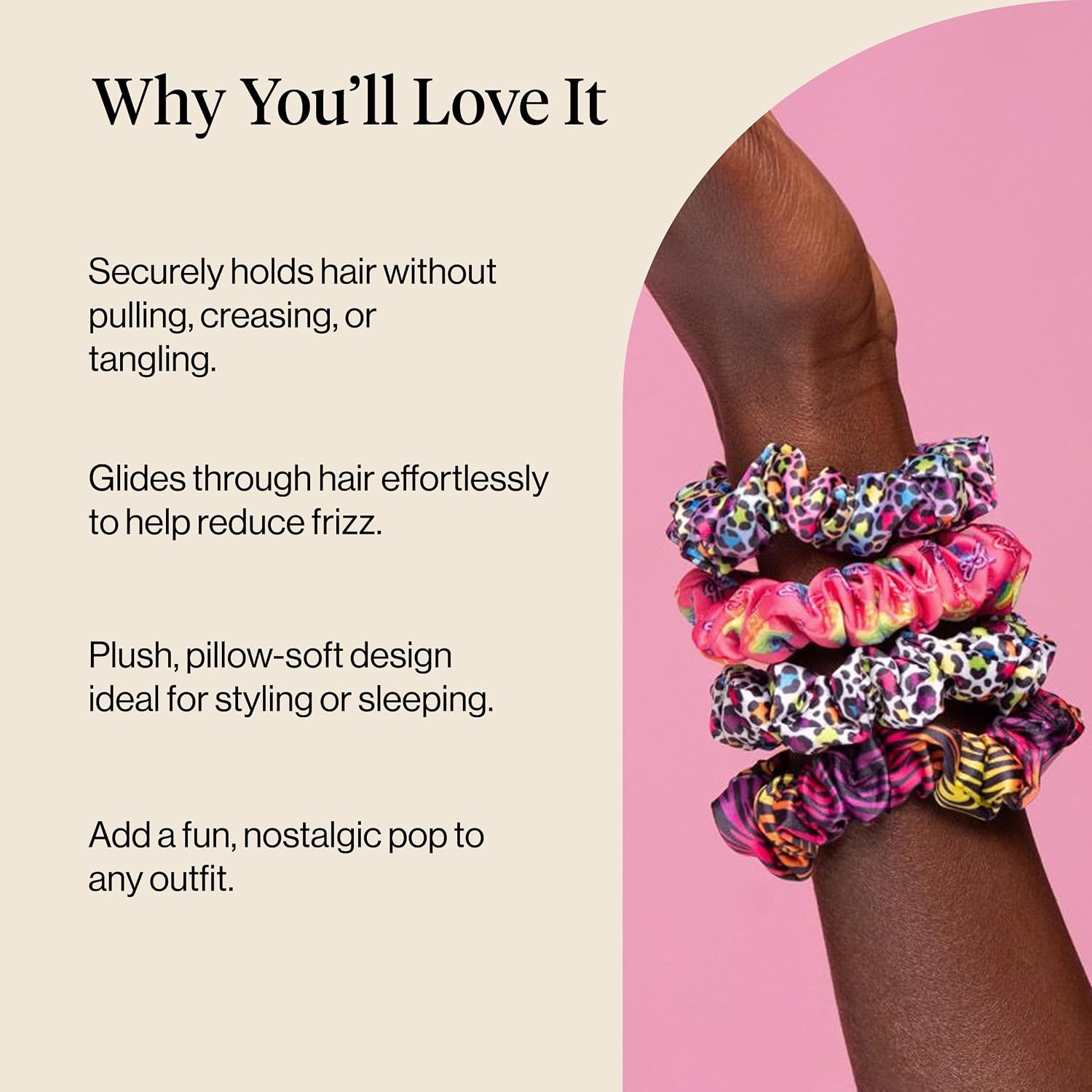 Lisa Frank x Kitsch Ruched Satin Scrunchies for Women - Softer Than Silk Scrunchies | Hair Ties No Damage for Frizz-Free Sleep - Rainbow Leopard 4 pcs