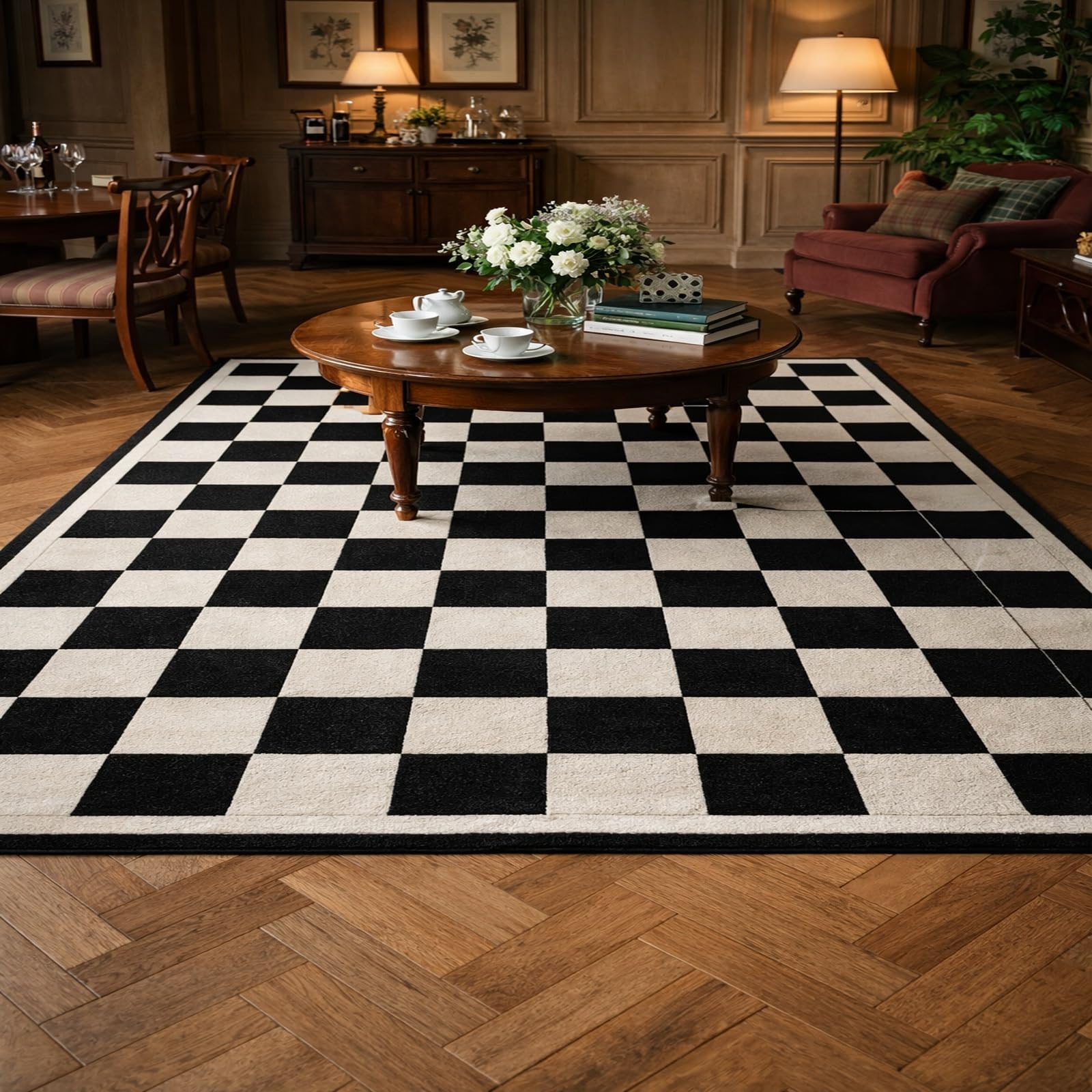 Alfombra grande de 200x250 cm de pelo corto negro con diseño geométrico