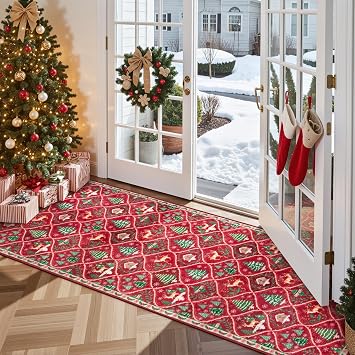 Lahome Christmas Kitchen Runner, 2x6 Hallway Runner Rug Christmas Washable Non Slip Carpet, Christmas Print Reindeer Tree Non Shedding Rug for Floor Laundry Room Holiday Decor (Red)